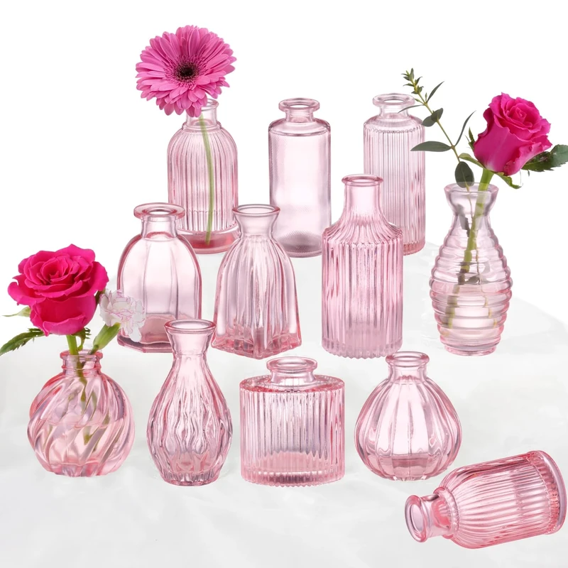 PHUNTTEK Pink Ribbed Glass Vase Set of 12, Modern Oblong Bud Vases for Flowers, Wedding & Home Decor