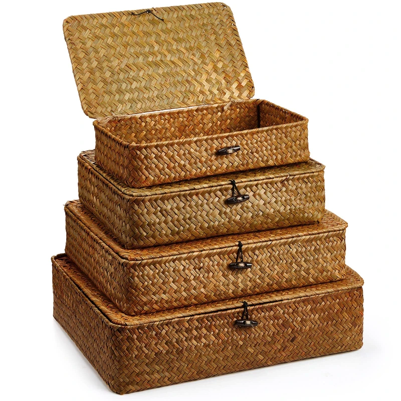 Didaey Set of 4 Seagrass Basket with Lid Wicker Storage Basket Decorative Storage Boxes with Lids Flat Storage Bins Woven Organizer Baskets for Shelf Closet Bedroom, 4 Sizes (Brown)