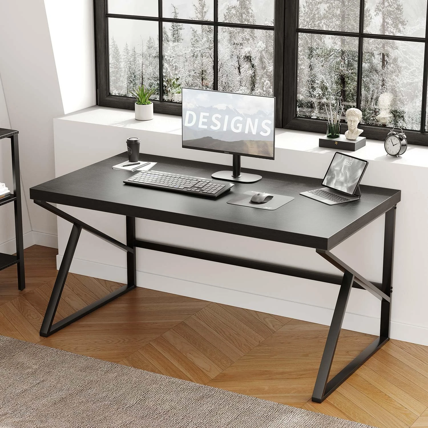HSH Black Computer Desk, Modern Industrial Home Office Desk, PC Desk for Student Work Writing Study Gaming, Metal Wood Computer Table in Bedroom Workstation, Study PC Work Gaming Desks, 140cm