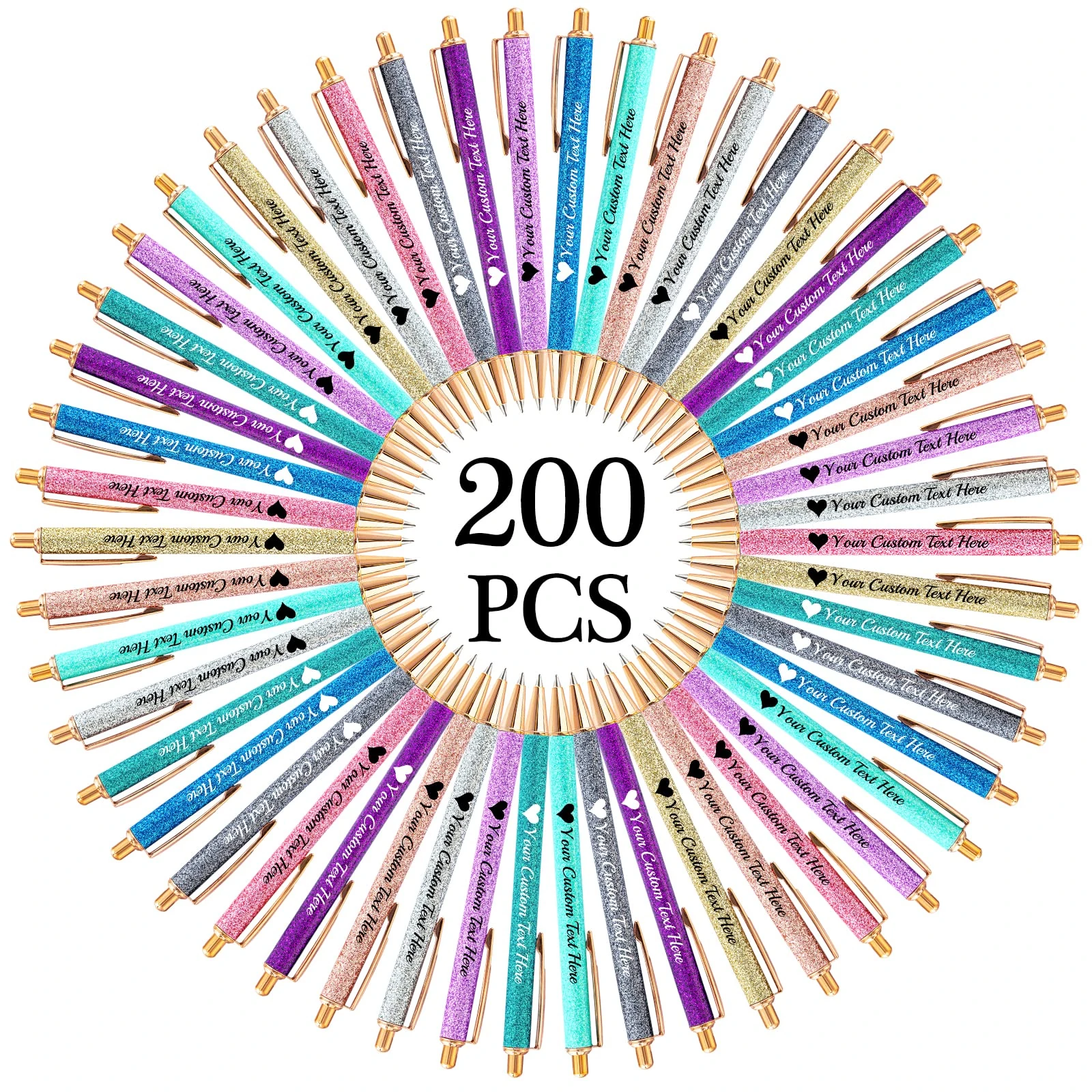 Aolun 200 Personalised Pens with Name Custom Glitter Pen Bulk Customised Retractable Ballpoint Pens with Text Message for Women Nurses Writing Birthday Business Graduation_Black Ink