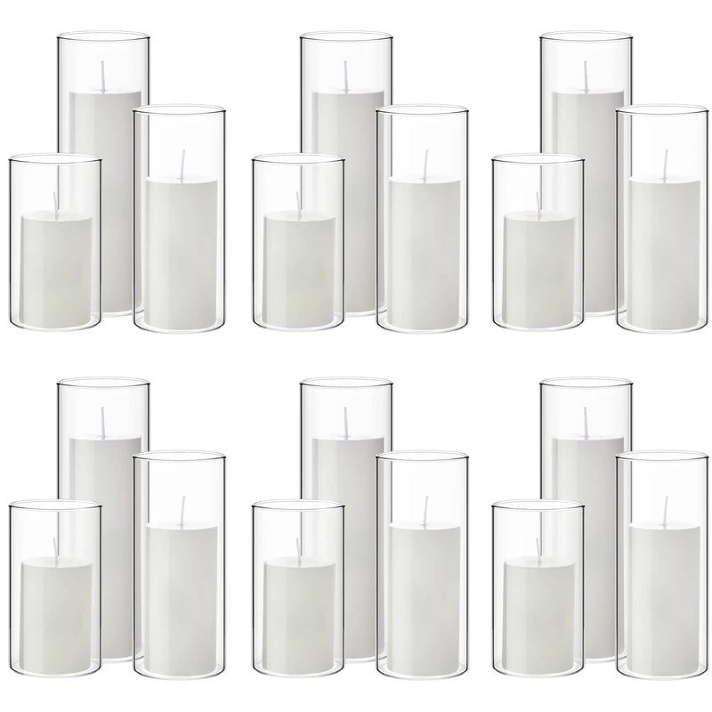 Set of 18 White Pillar Candles and 6 Glass Cylinder Vases Clear Pillar Jar Wedding Candle Cylinder Candle Holders