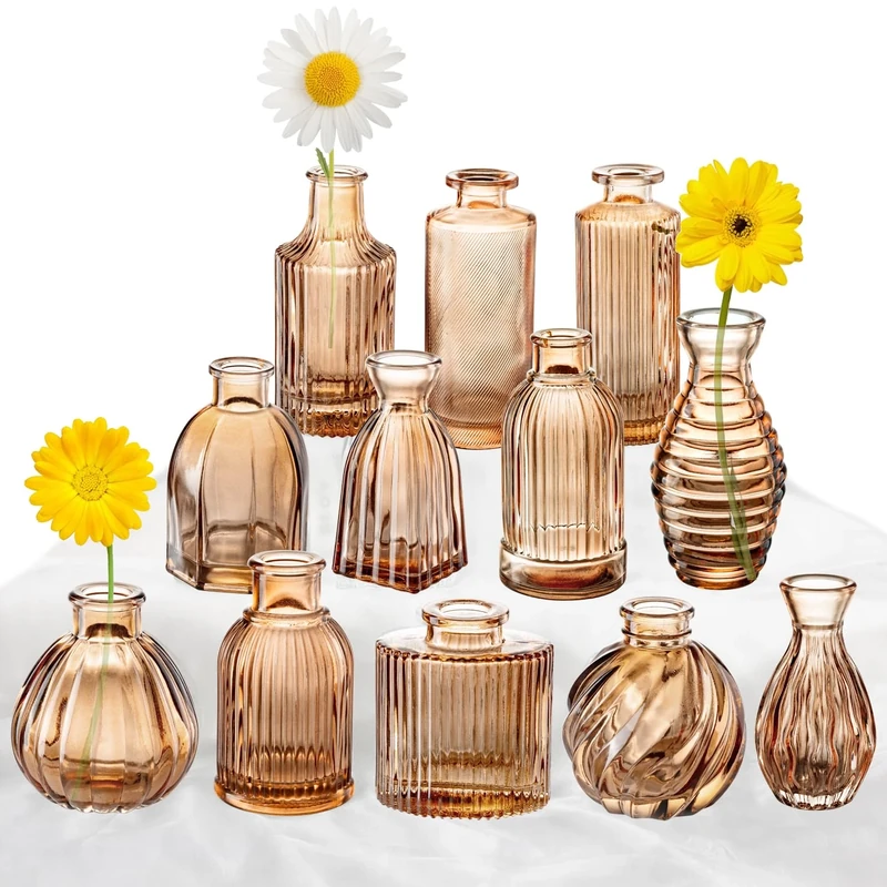 Bud Vases Set of 12, Amber Vase Small Glass Vases for Flowers Modern Ribbed Amber Glass Bud Vase for Decor Flower Vase in Bulk Vintage Decor Boho Wedding Centerpieces Rustic Home Table Decoration