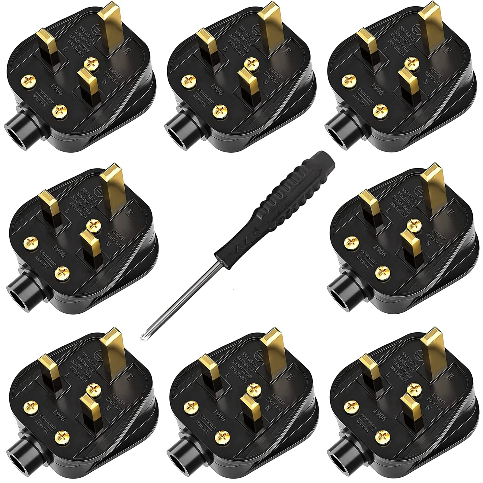 UK Plugs with 13 AMP Fused, 3 pin Mains Plug with Cord Grip Rewireable Heavy Duty Electrical Plug, Rubber Composite Plug, 8 Pack - Black