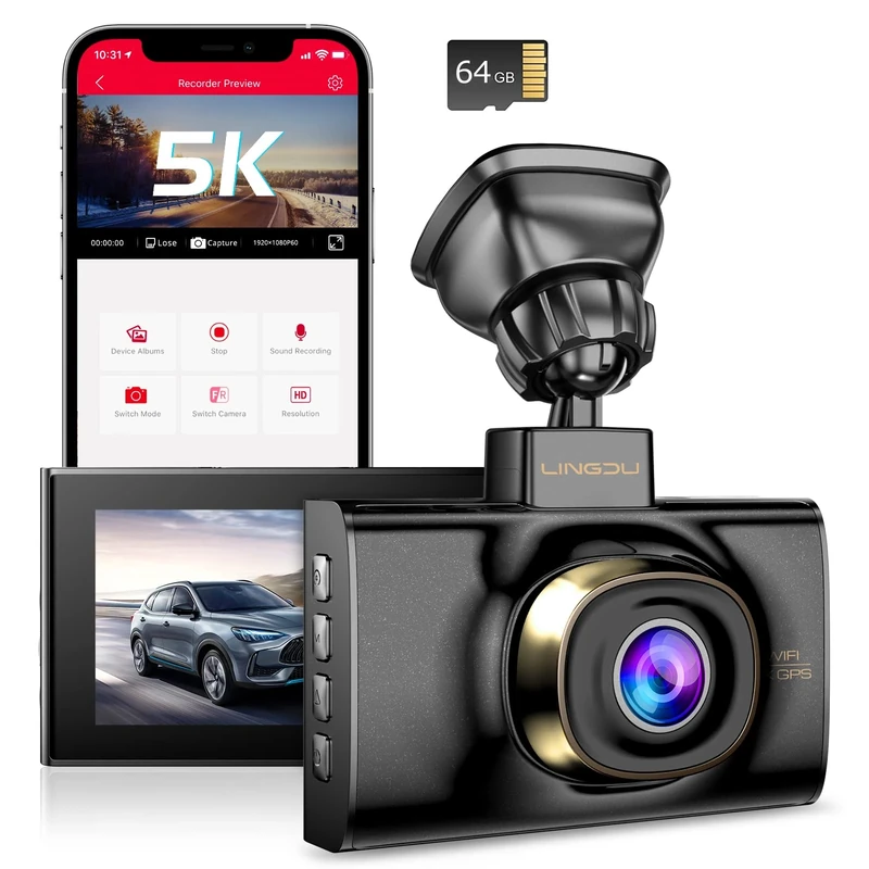 LINGDU Dash Cam 5K with Voice Control, 5G WiFi, GPS, Parking Monitor, 3" IPS Screen, 170 Wide Angle, Night Vision, Bump Detection, Loop Recording, G-sensor, 64G Card Dual Dash Camera - Image 1