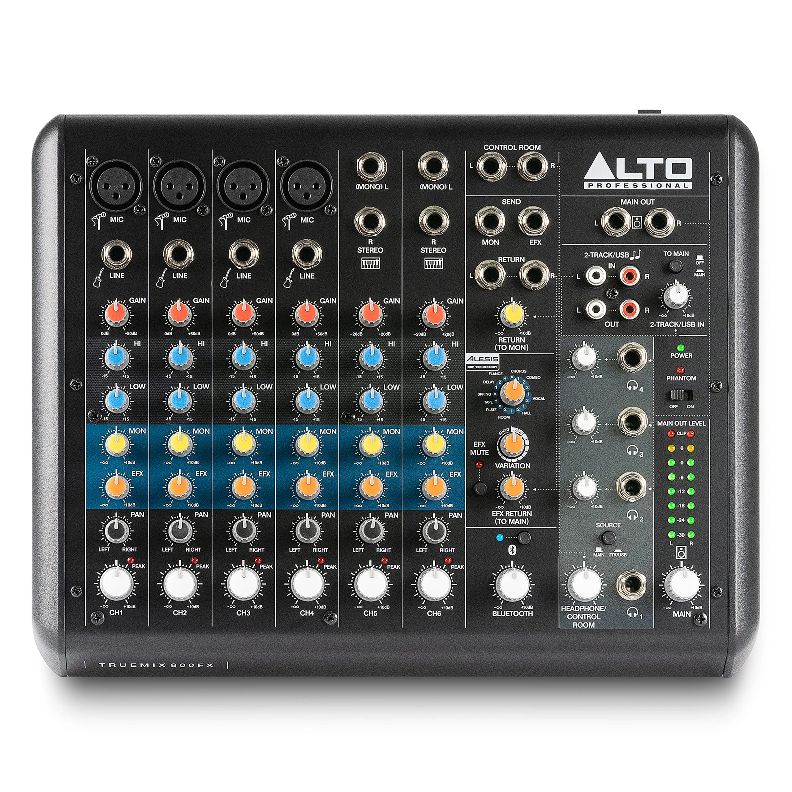 ALTO TrueMix 800FX Audio Mixer with 4 XLR Mic Ins, USB Audio Interface and Bluetooth for Podcasting, Live Performance, Recording, DJ, Mac and PC