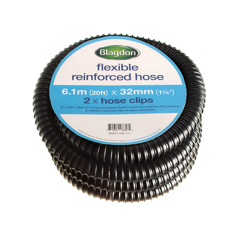 Blagdon Flexible Reinforced Pond Tubing, 6.1m (20ft) x 32mm (1 1/4”) Internal Diameter, Smooth-bore PVC Pond Tubing, Includes 2 Stainless Steel Hose Clamps, Tough and Strong Tubing