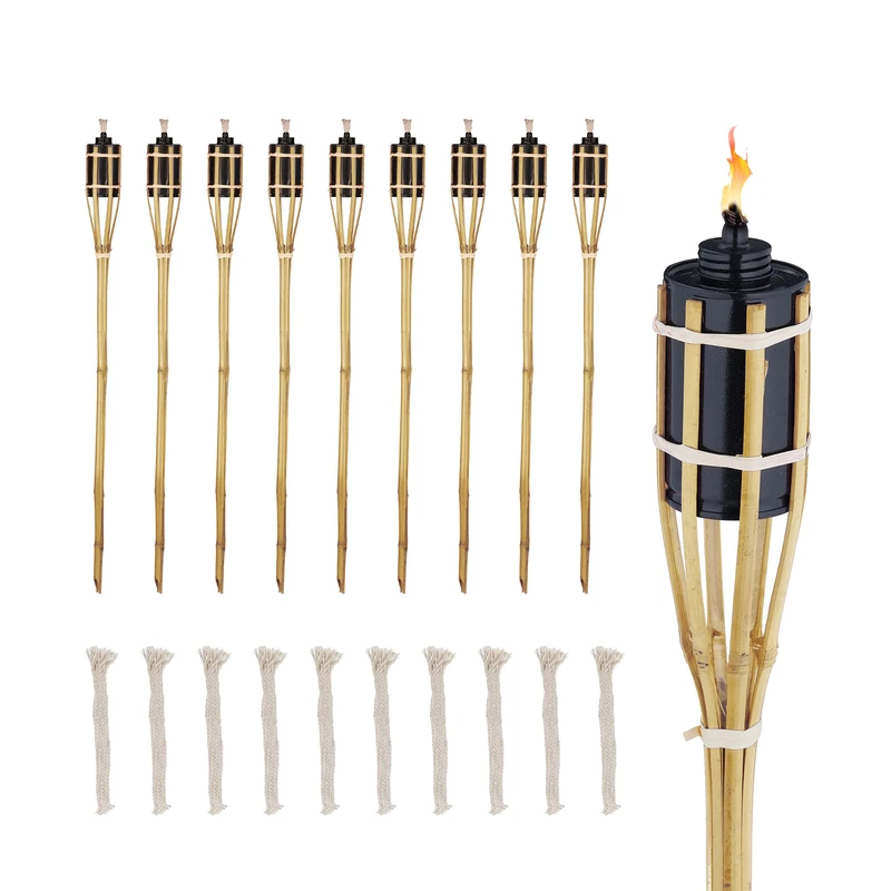 Relaxdays Set of 10 Garden Oil Torches, with Replacable Wicks, Bamboo & Iron, Outdoor Party Flares, HxØ: 80x6cm, Natural