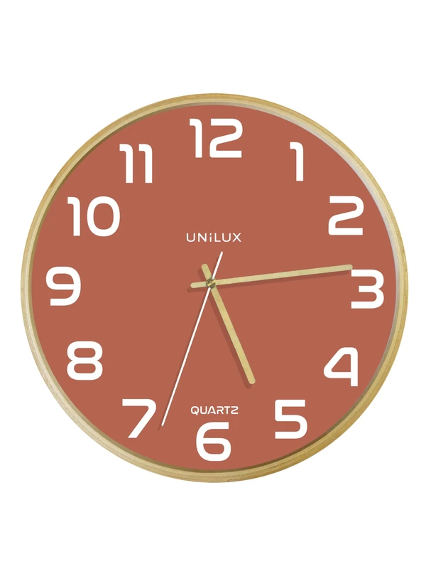Unilux Modern Wooden Frame Wall Clock Baltic Red Dial 31 cm No Ticking