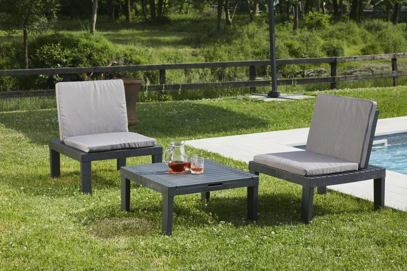 Dmora - Outdoor lounge set Cervia, Garden set with 2 seats with backrest and 1 multifunctional module, Sitting area with cushions, 100% Made in Italy, Anthracite
