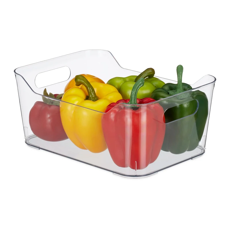 Relaxdays Refrigerator Organiser, with Handles, Groceries Storage, Washable, HWD: 10.5 x 25 x 18cm, Plastic, Transparent