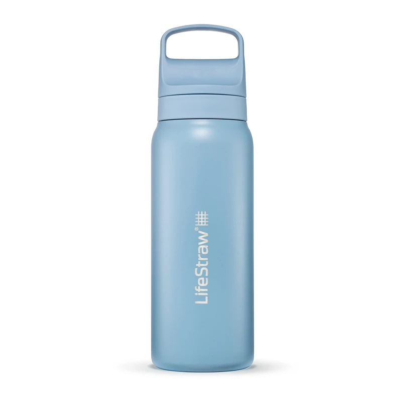 LifeStraw Go Series — Insulated Stainless Steel Water Filter Bottle for Travel and Everyday Use Removes Bacteria, Parasites and Microplastics, Improves Taste, 24oz Icelandic Blue