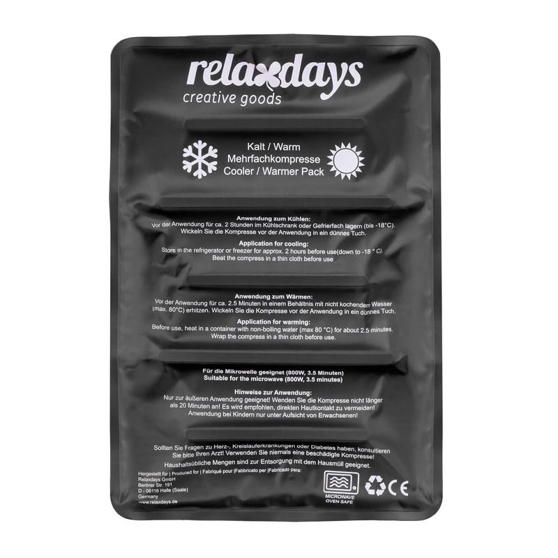 Relaxdays Hot and Cold Pack, Warm Compress, 25 x 36 cm, Gel Cooling Pad, First Aid, Reusable, for Injuries & Pain, Black, Polyester