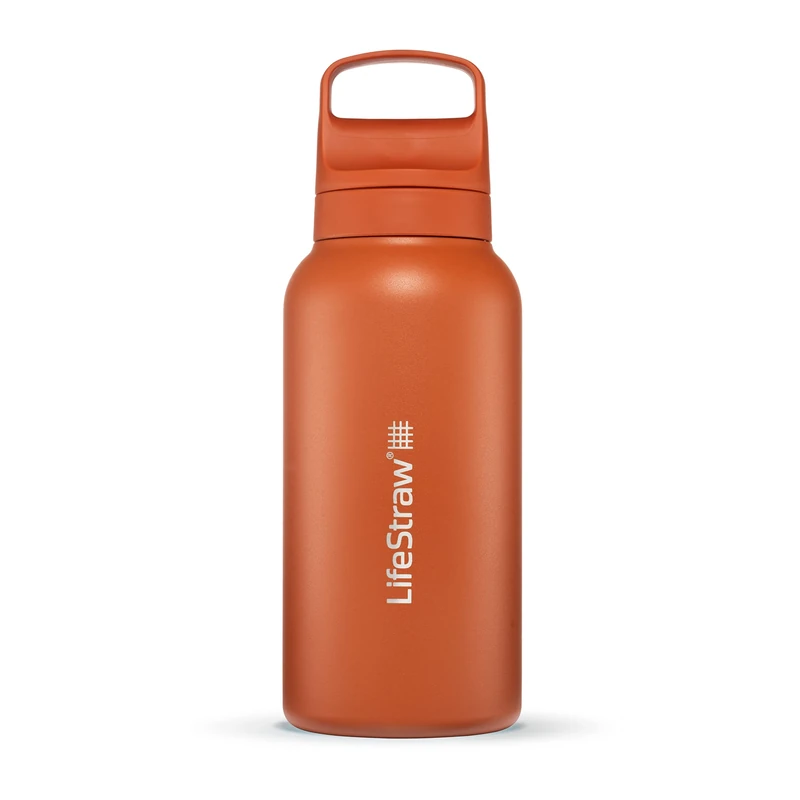 LifeStraw Go Series — Insulated Stainless Steel Water Filter Bottle for Travel and Everyday Use Removes Bacteria, Parasites and Microplastics, Improves Taste, 1L Kyoto Orange