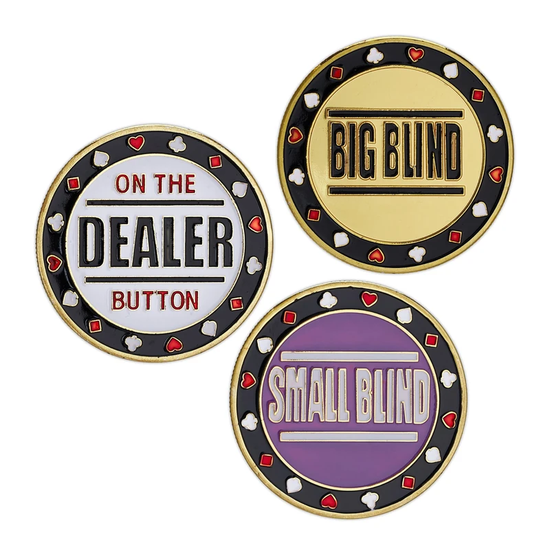 Relaxdays Poker Button Set, 3-Piece, Dealer, Big Small-Blind, incl. Protective Covers, Ø 4 cm, 30 g each, Gold, Iron