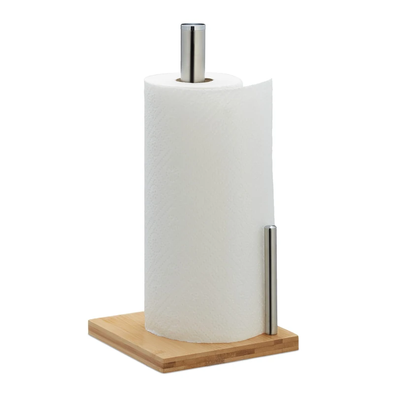 Relaxdays Kitchen Holder, Bamboo, Stainless Steel, Paper Towel Rack with Roll-Off Stop, 33x16x16 cm, Natural/Silver
