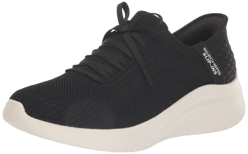Skechers Women's Camino Brillante Ultra Flex 3.0 Manos Libres Sneaker, Black and White, 39.5 EU Ancho