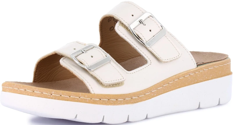 GRUNLAND-MOLL comfort slipper with double adjustable buckle, removable Drysoft leather insole, molded sole, and 4 cm wedge heel