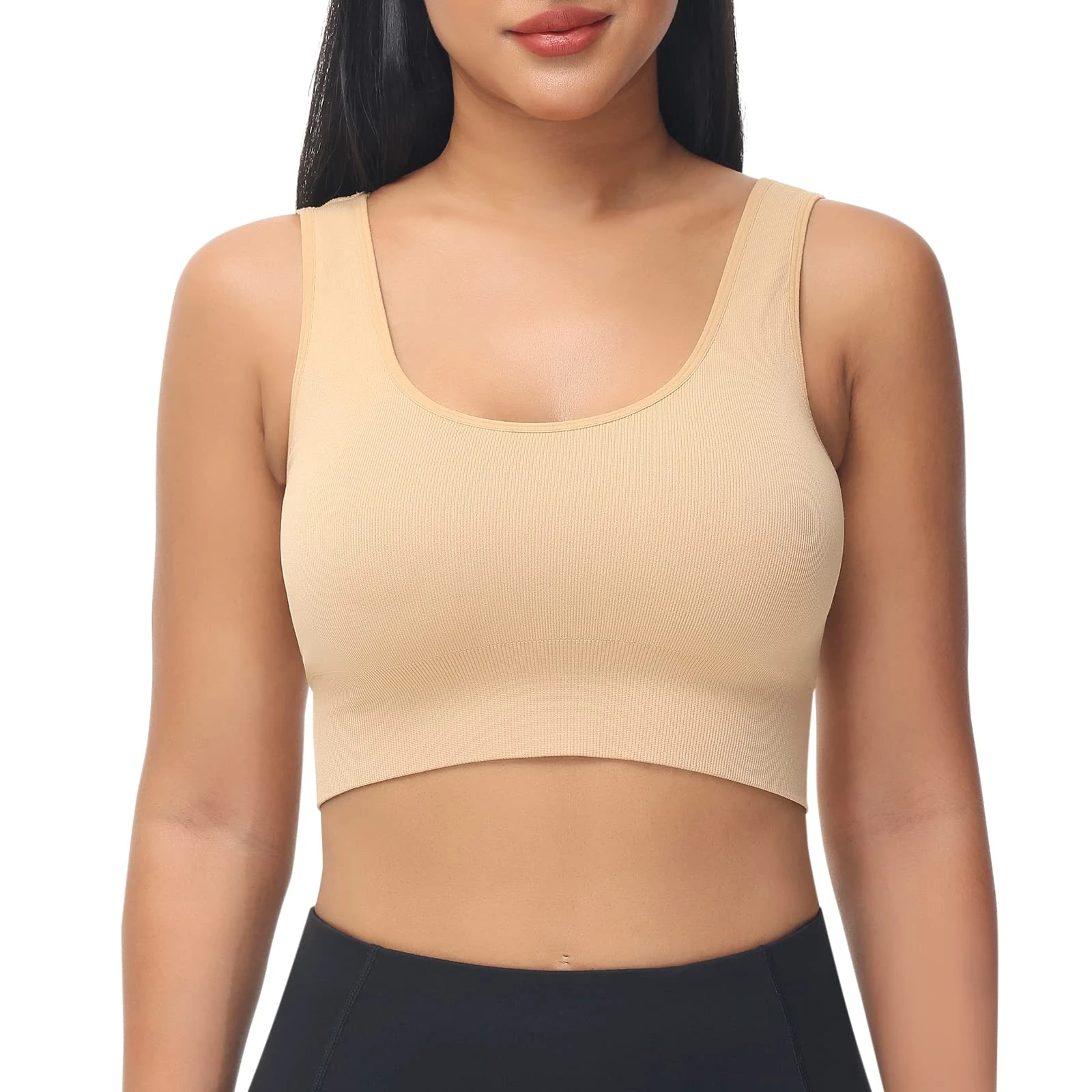 SIMIYA Women Seamless Sports Bra Wireless Compression Bra Without Pading Comfort Yoga Crop Tops Vest for Running Sports Fitness(Beige,M)