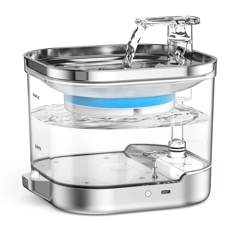 HORJOR Cat Water Fountain with Automatic Sensor, 2L Pet Water Dispensers for Dogs Cats with Stainless Steel Water Bowl & 2 Extra Filters, Wireless 5000mAh Battery Powered
