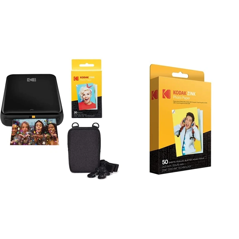 KODAK Step Wireless Mobile Colour Photo Printer (Black) Go Bundle & 2"x3" Premium Zink Photo Paper (50 Sheets) Compatible Smile, Step, PRINTOMATIC