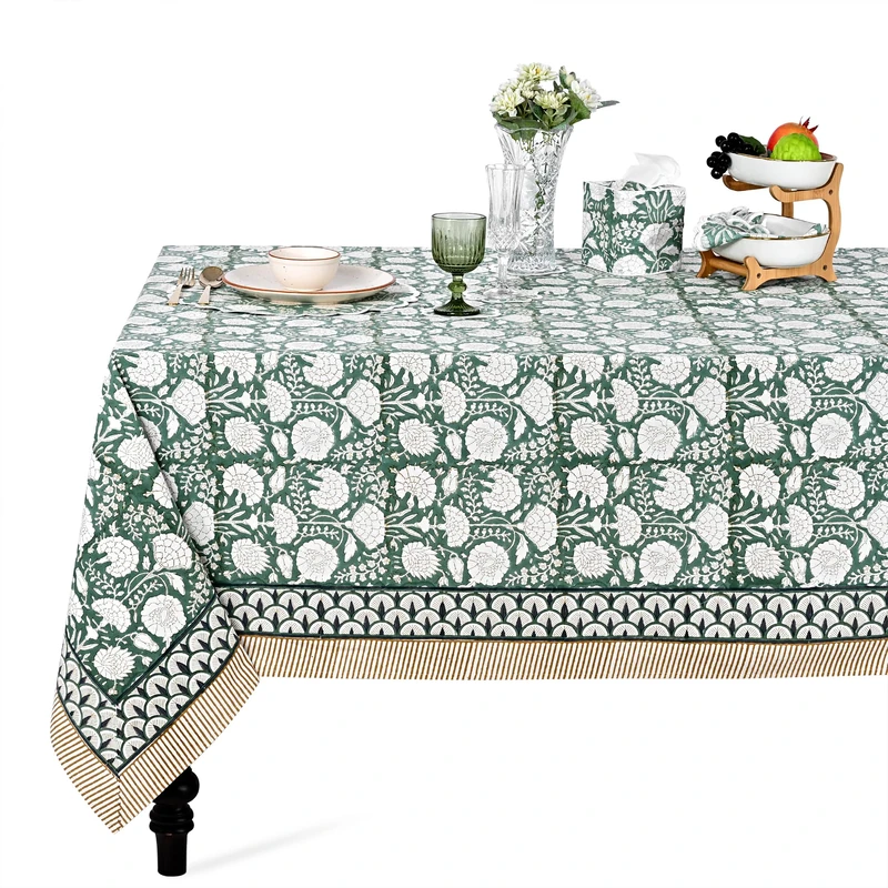 Ridhi Turquoise Green, Old Moss Green Indian Floral Hand Block Printed Cotton Cloth Tablecloth, Table Cover, Farmhouse Thanksgiving Christmas (Turquoise Green, Old Moss, 16 Seater 72X190 INCH)