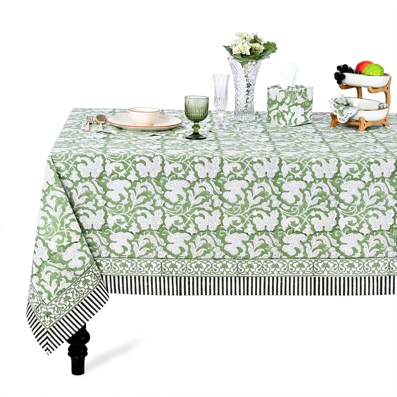 Ridhi Sage Green Hand Block Print Cotton Rectangle Tablecloth 190" x 72" inches Reusable Table Cover Decorative Everyday Use for Dining Room, Farmhouse, Home Gift for Spring, Mother's Day