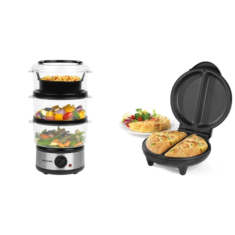 Salter EK2726Z 3-Tier Food Steamer, 7.5 Litre Multi-Cooker, Stainless Steel Rice Cooker, 60 Minute Timer, Removable Cooking Bowls & EK2716 Dual Omelette Maker, Easy Clean Double Non-Stick Plates