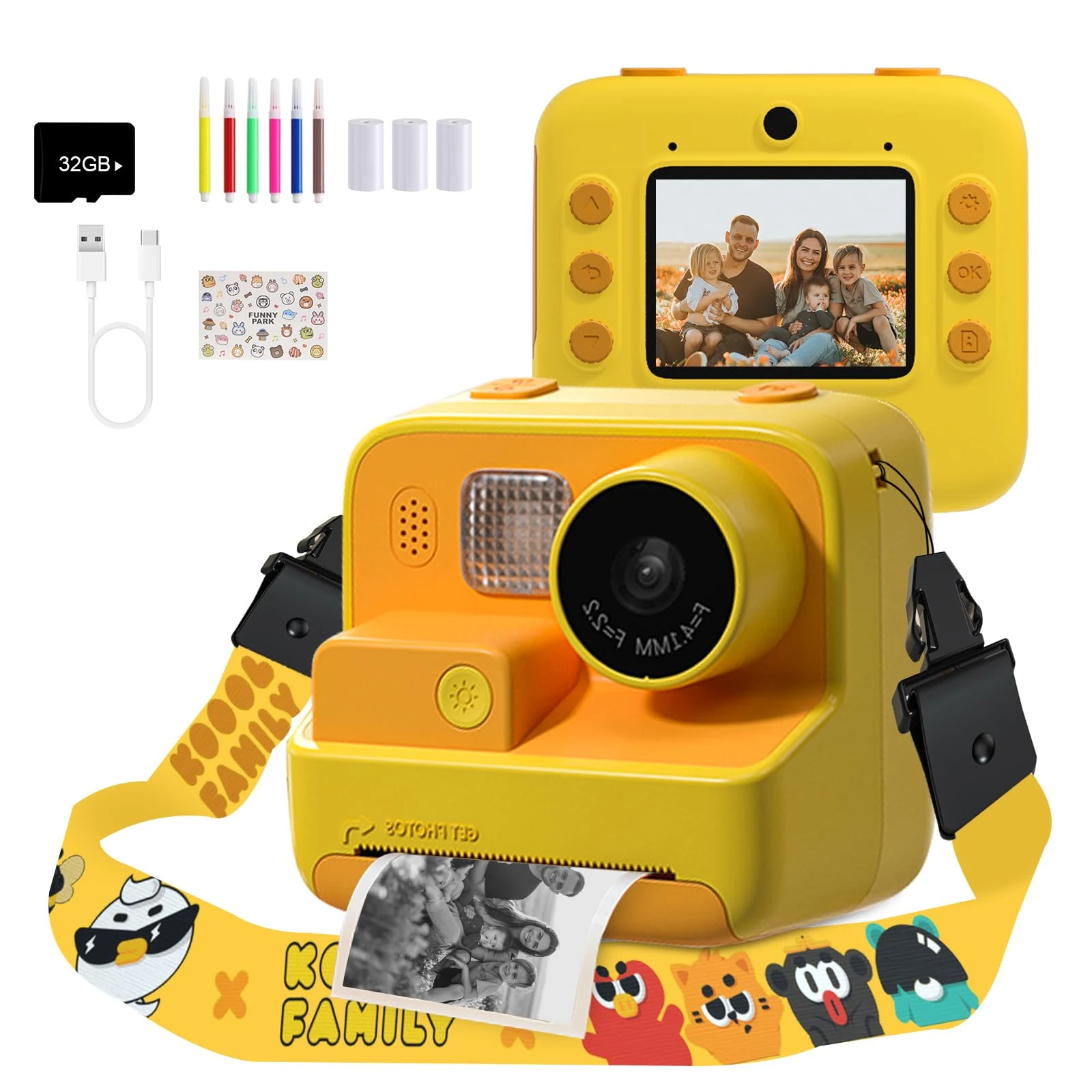 Mafiti Kids Camera Instant Print 2.0 Inch 1080P HD Screen, Kids Digital Camera 48MP for Girls Boys Gifts with 32GB SD Card, 3 Rolls of Printing Paper, 6 Colored Pens