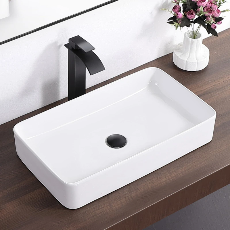 KARAMAG White Vessel Sink,Rectangle 24"x14" Bathroom Sink Above Counter Porcelain Ceramic Small Sink Bowl Ceramic Vessel Sinks for Bathrooms