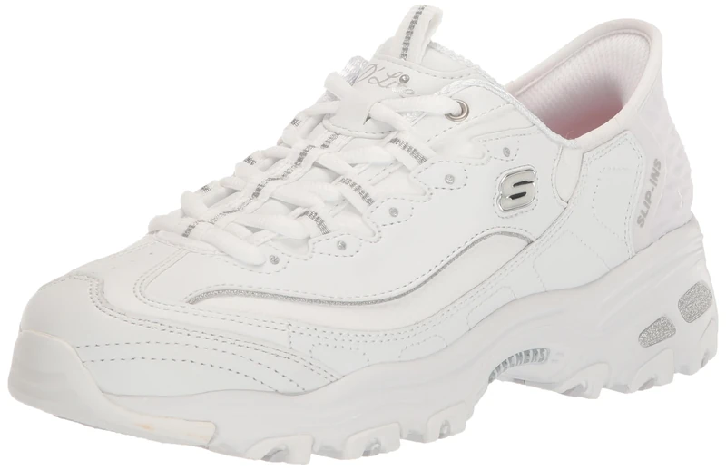 Skechers Women's D'Lites New Scene Hands Free Slip-Ins Sneaker, White/Silver, 6.5 UK