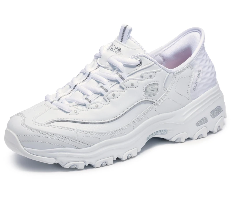 Skechers Women's D'Lites New Scene Hands Free Slip-Ins Sneaker, White/Silver, 8