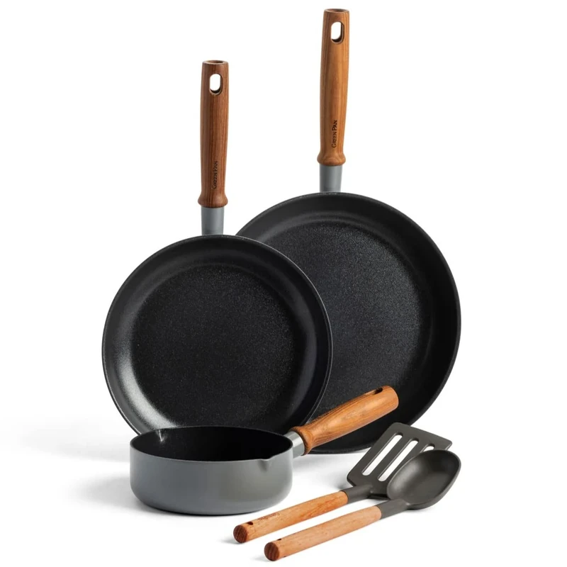 GreenPan Mayflower Pro Hard Anodized Healthy Ceramic Nonstick, 5 Piece Cookware Pots and Pans Set, Vintage Wood Handle, PFAS-Free, Induction Suitable, Charcoal Gray