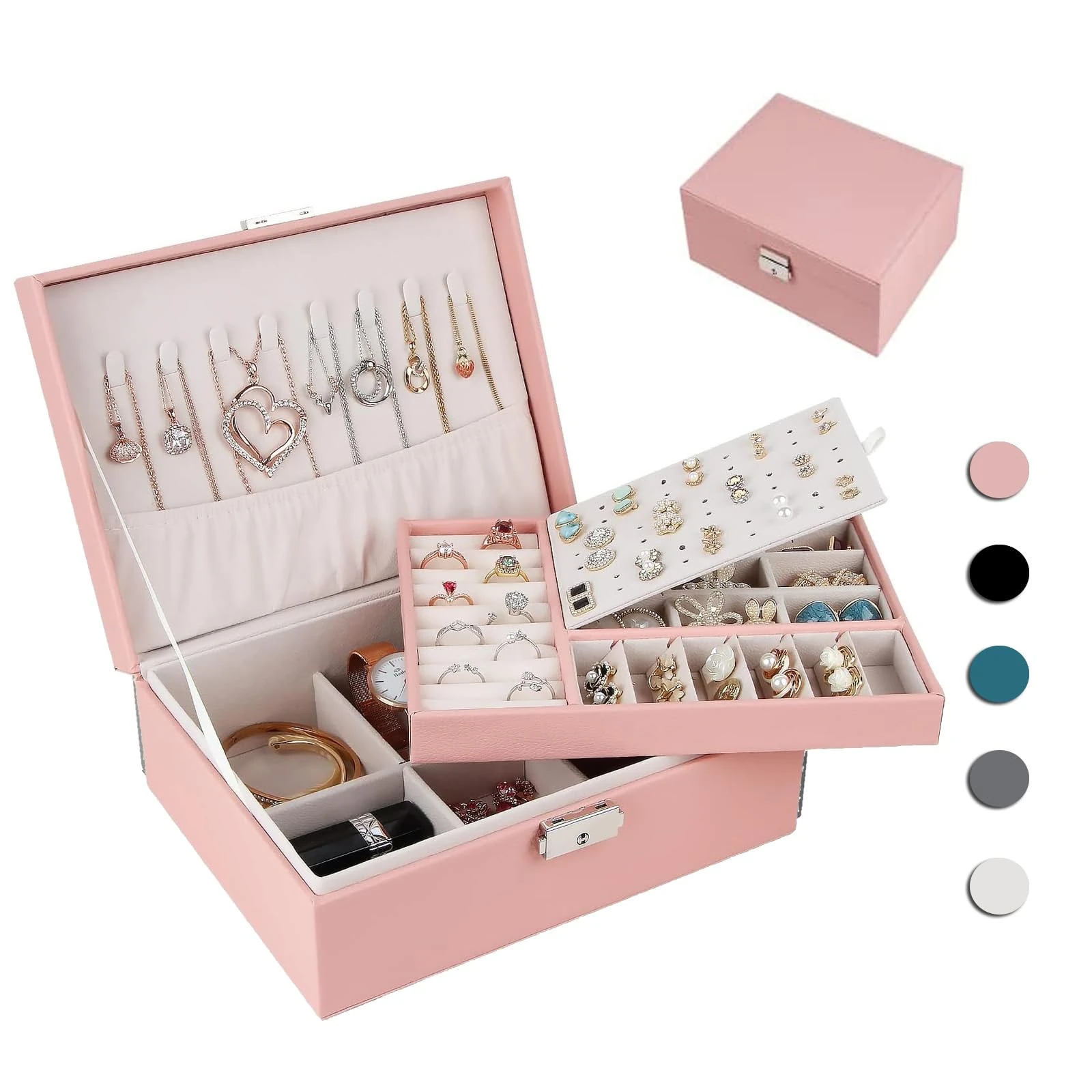 Homtibrm Jewellery Organiser Box for Women Girls, 2-Layer Large Jewelry Storage Case for Necklaces Rings Earrings Bracelets (Pink01)