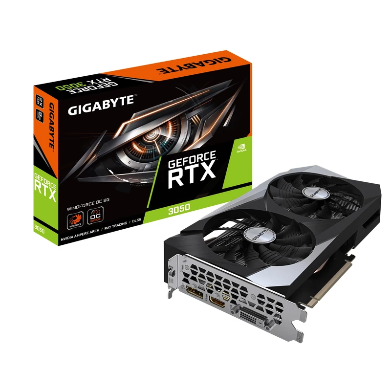 Gigabyte NVIDIA GeForce RTX 3050 WINDFORCE OC Graphics Card - 8GB GDDR6, 128-bit, PCI-E 4.0, 1792MHz Core Clock, 1x DP 1.4, 1x HDMI 2.1, NVIDIA Ampere - GV-N3050WF2OC-8GD
