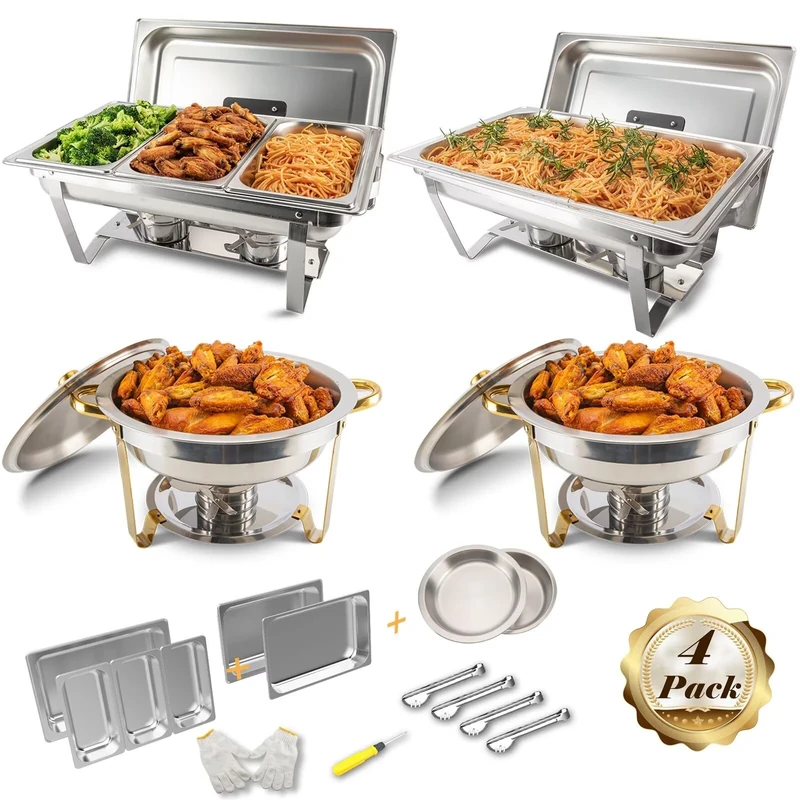 Festa Essential 4 Pack Chafing Dish Buffet Set Stainless Steel 5 QT Round&8 QT Rectangular Chafers Food Warmers with Full,1/3 Rectangular&Round Food Pan,Fuel Holder,Foldable Frame For Catering Events