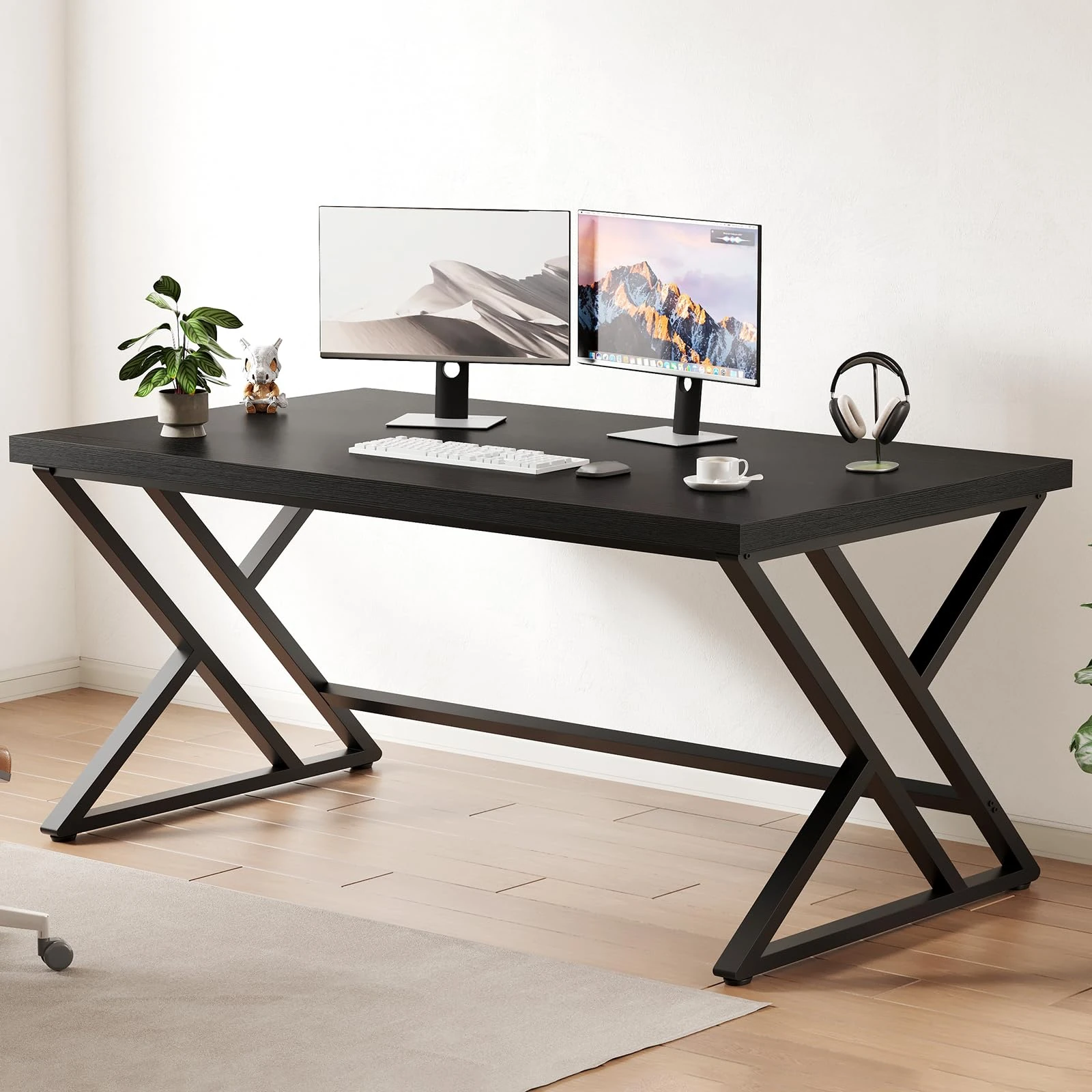 LVB Black Computer Desk, Modern Gaming PC Writing Desk for Home Office, Metal Computer Study Work Table for Bedroom, Industrial Executive Student Simple Workstation Desk with Storage
