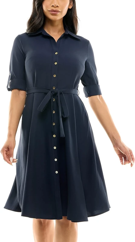 SHARAGANO Women's Button Front Pleated Shirt Casual Dress, Deep Navy, 8