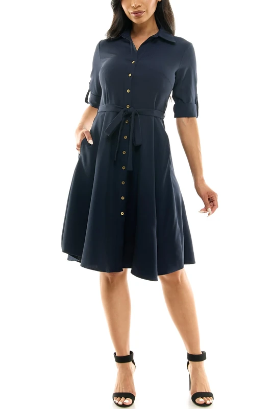 SHARAGANO Women's Button Front Pleated Shirt Casual Dress, Deep Navy, 14 - Image 1