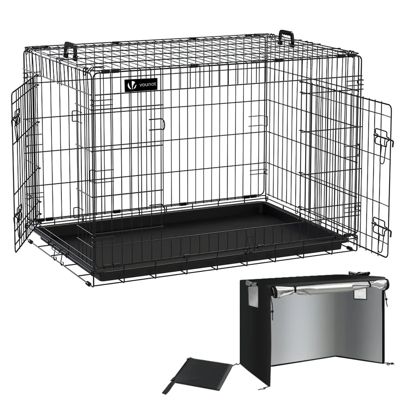 VOUNOT® Dog Crate Portable Pet Crate Foldable Secure Puppy Cage with Durable Crate Cover 2 Doors, Removable Slide Tray, 2 Carry Handles, XL 42 Inches, Black