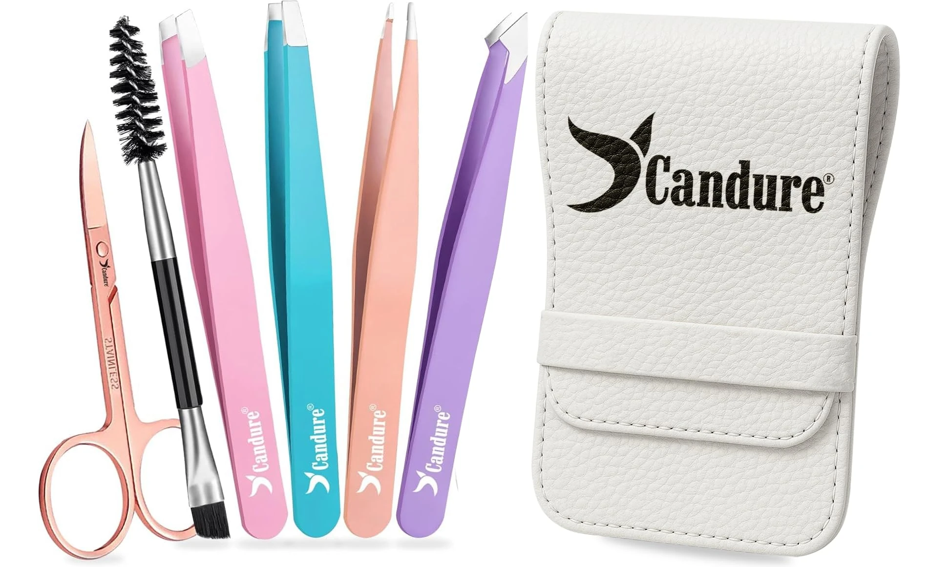 Candure Tweezers for Eyebrows Professional Slanted and Pointed Stainless Steel Tweezer Set, Eyebrow Brush and Scissors for Ingrown Hair, Facial Hair, Eyelash Extension & Splinter 6Pcs