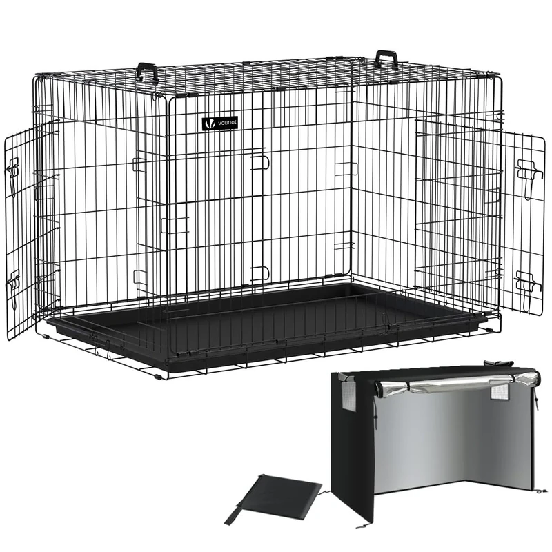 VOUNOT® Dog Crate Portable Pet Crate Foldable Secure Puppy Cage with Durable Crate Cover 2 Doors, Removable Slide Tray, 2 Carry Handles, XXL 48 Inches, Black