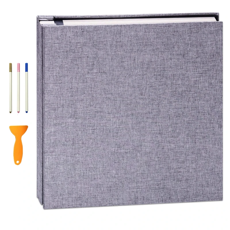 Yopih Adhesive Photo Album 33x32cm with 120 Pages Fits 10 x 15 cm Linen Cover Scrapbooking DIY Photo Album with A Metallic Pen Save Baby Growth Wedding Travel Grey