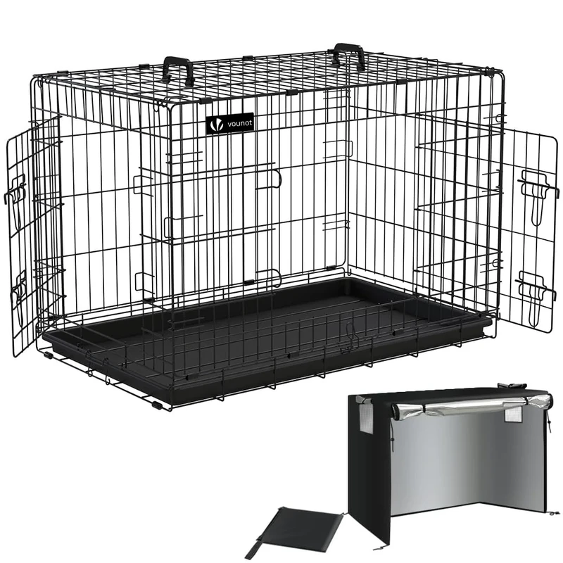 VOUNOT® Dog Crate Portable Pet Crate Foldable Secure Puppy Cage with Durable Crate Cover 2 Doors, Removable Slide Tray, 2 Carry Handles, Large 36 Inches, Black