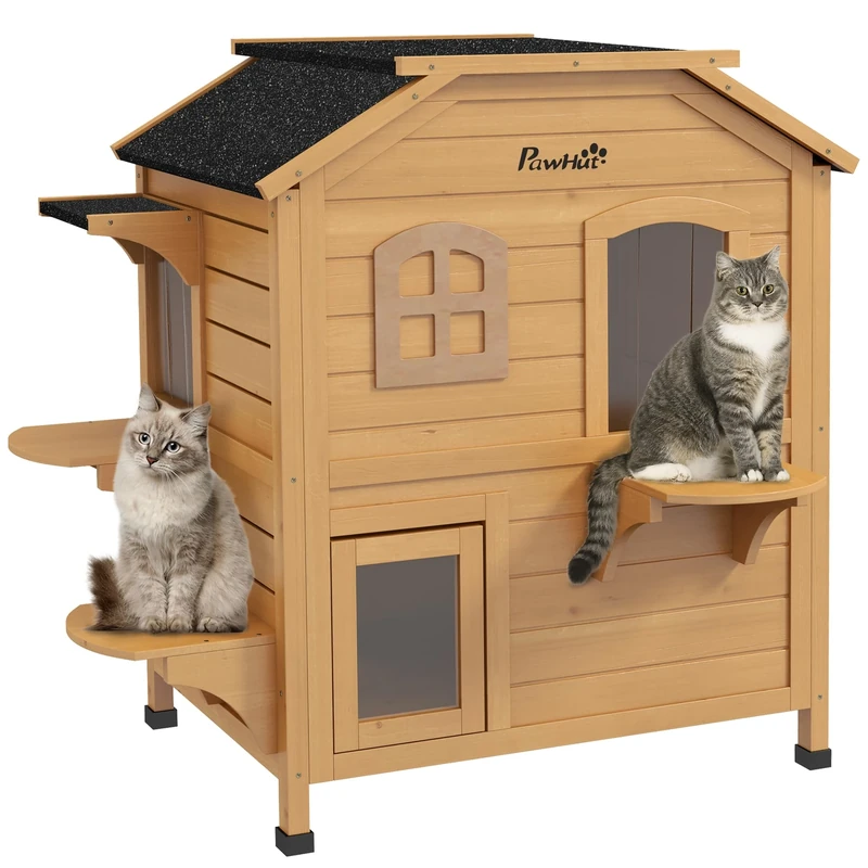 PawHut Wooden Cat House Cat Cave Pet Shelter Condos Outdoor Natural Wood Finish