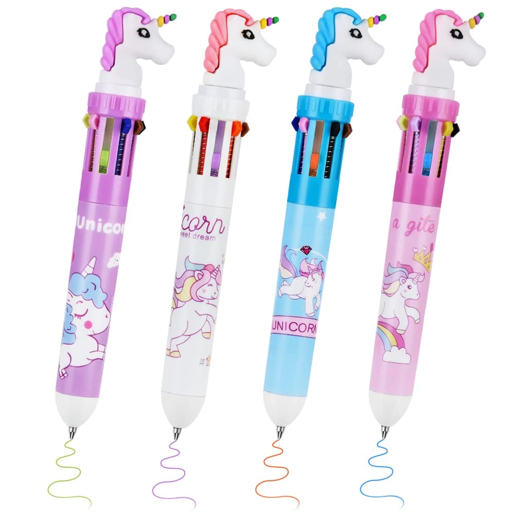 OFFCUP Multicolor Ballpoint Pen, 4pcs 10-in-1 Retractable Ballpoint Pens, 10colours Roller Ball Multicolor Pens for Office School Supplies Students Children Kids Gifts (Unicorn)