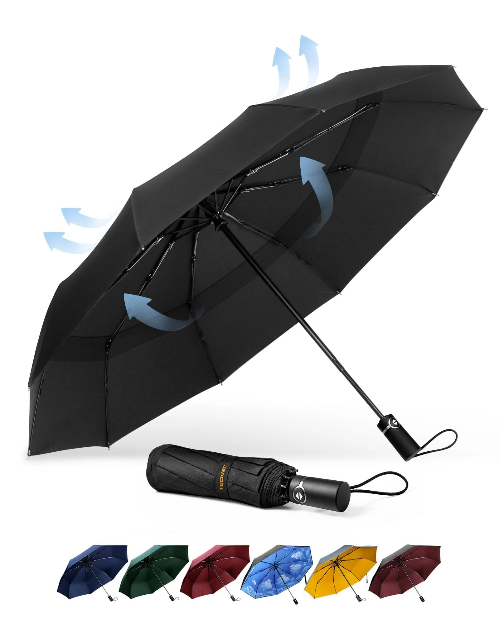 TECKNET Windproof Umbrella, Strong Compact Travel Automatic Umbrellas, Large Wind Resistant Umbrella with 10 Ribs, Folding Lightweight Golf Automatic for Rain - Men, Black