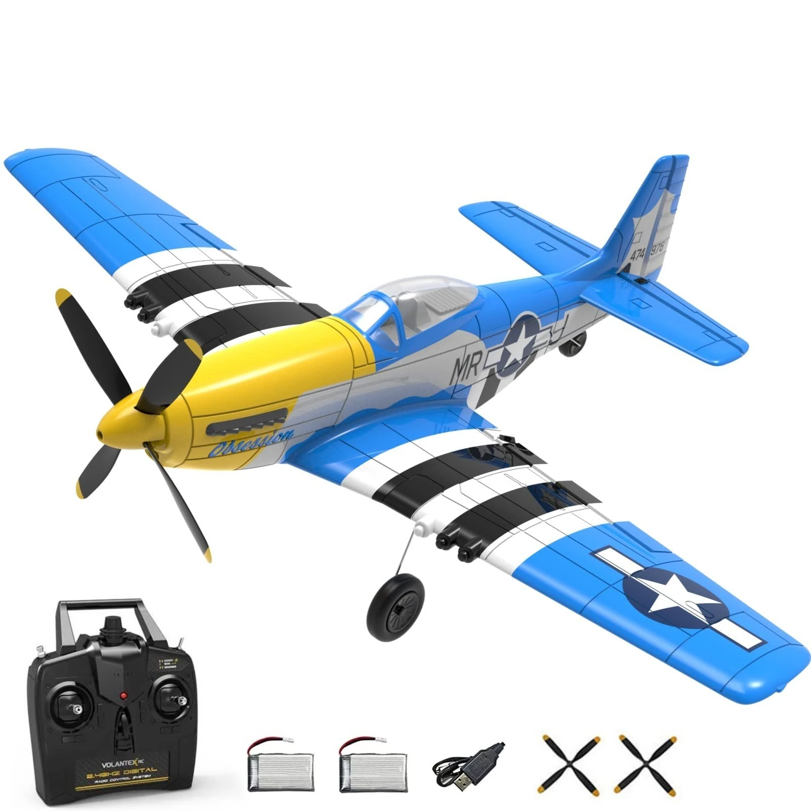 HTLNUZD Remote Control Aircraft Plane 4CH P51, One Key Aerobatic 761-5 to Fly with Xpilot Stabilization System Wingspan Remote Control Warbird Radio Controlled Plane (with 2 Batteries)