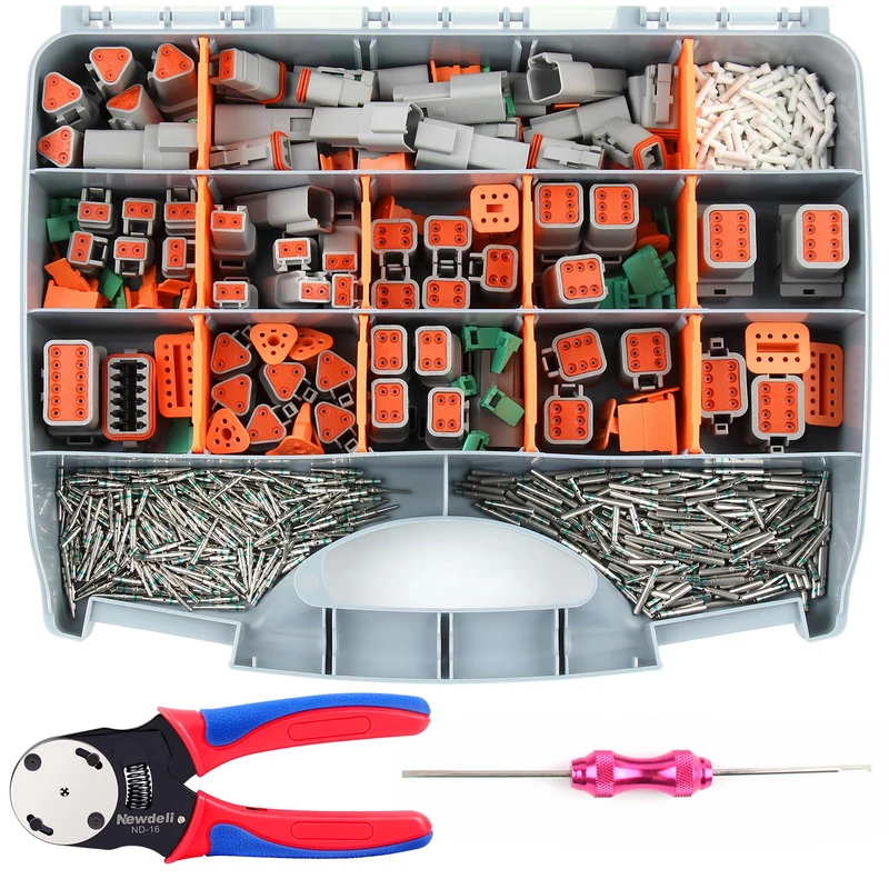 Newdeli 338 pcs Deustch Connector Kit 2 3 4 6 8 12 Pin Connectors with Deutsch Crimping Tool and DT Connector Removal Tool Size 16 Solid Terminal Contacts(14-20AWG)