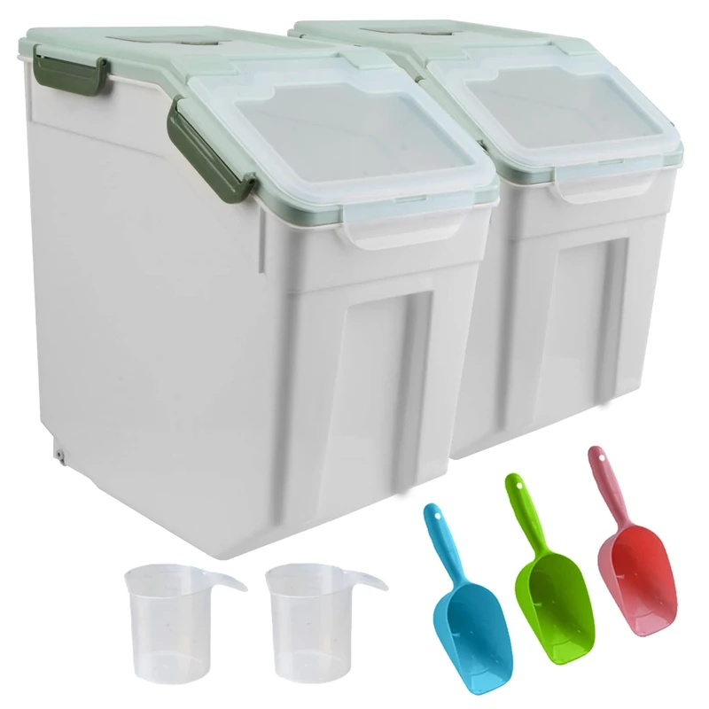 ANMOO Airtight Dog Food Storage Containers Set of 2, 15KG Large Pet Food Bin with Wheels & Locking Lid, BPA-Free Dry Food Storage (Green)