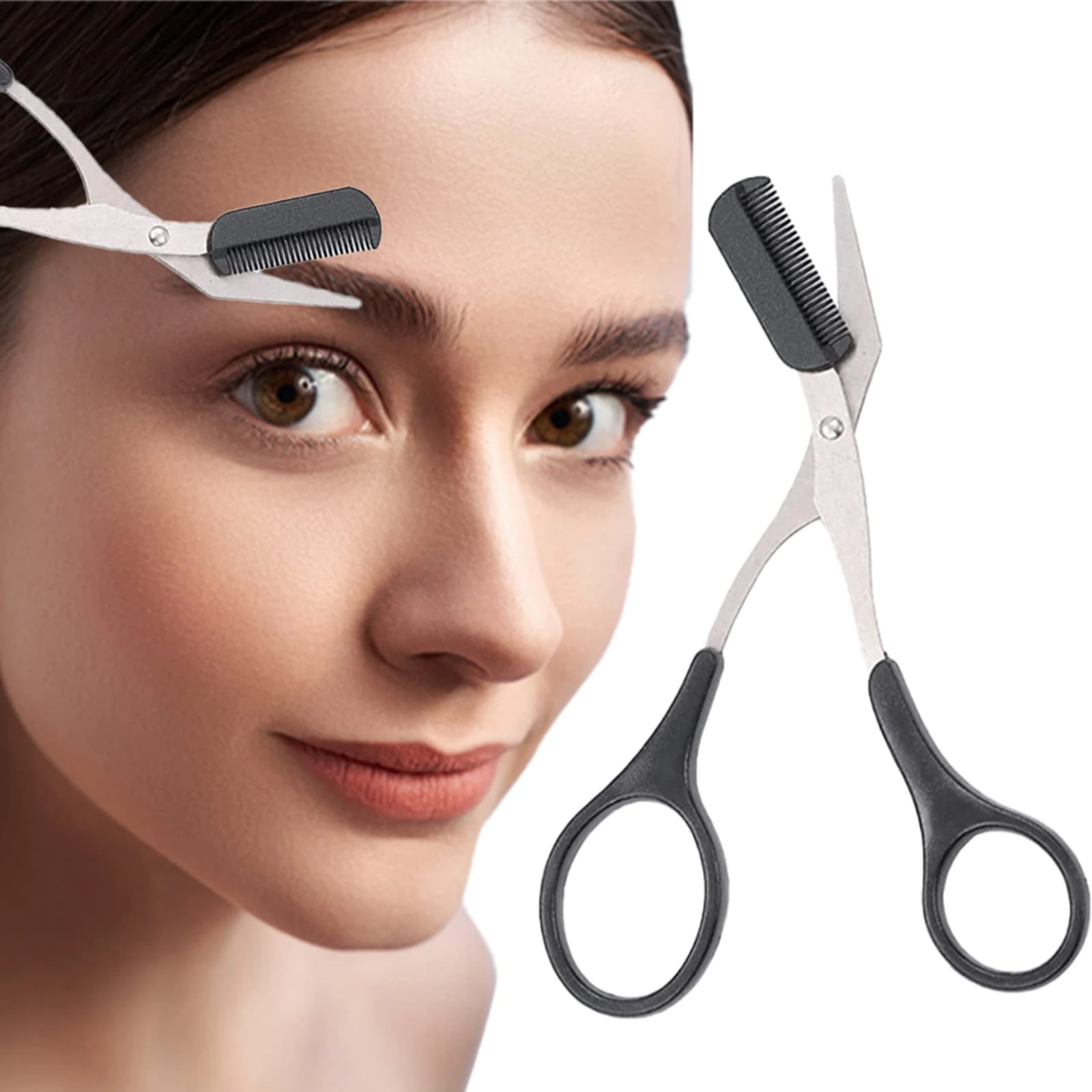Stainless Steel Eyebrow Trimmer Scissors with Eyelash Comb, Black Beauty Tool for Men & Women